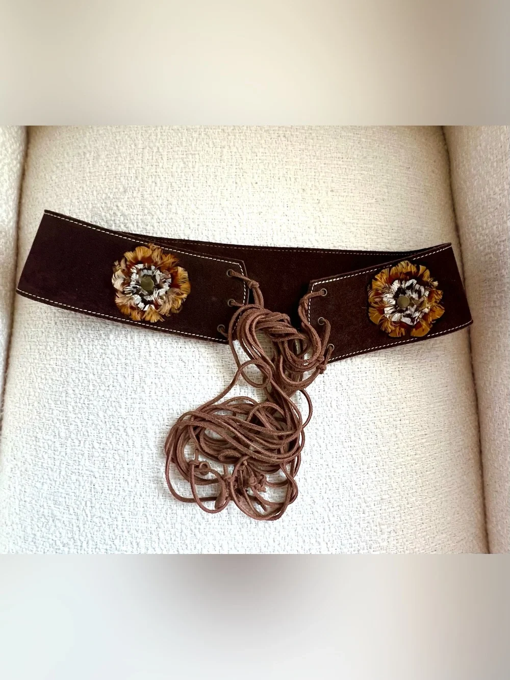 Brown Suede Lace-Up Belt with Feather Rosette Accents